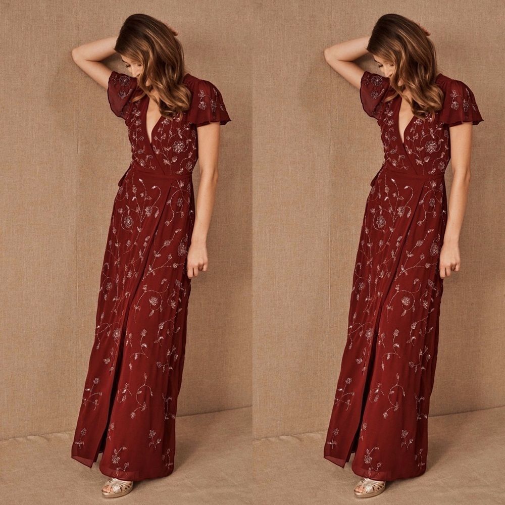 Women's Burgundy Floral Maxi Dress with V-Neck